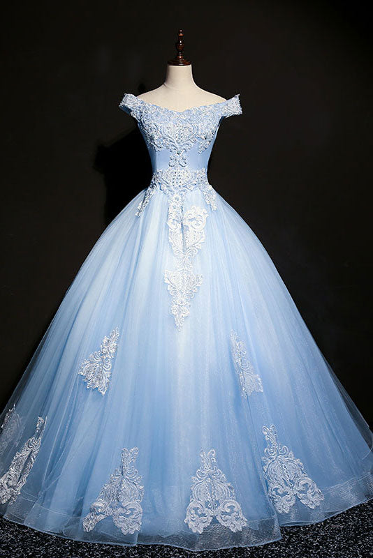 Blue v neck tulle beads long prom dress, blue evening dress