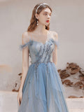 Blue tulle off shoulder long prom dress, blue tulle evening dress