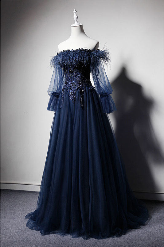 Dark blue off shoulder tulle long prom dress, blue evening dress