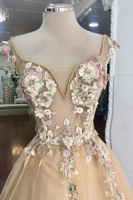 Champagne tulle lace flower long prom dress, evening dress