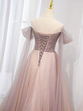 Pink tulle off shoulder long prom dress, pink tulle formal dress