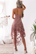 Pink v neck tulle lace high low prom dress lace bridesmaid dress