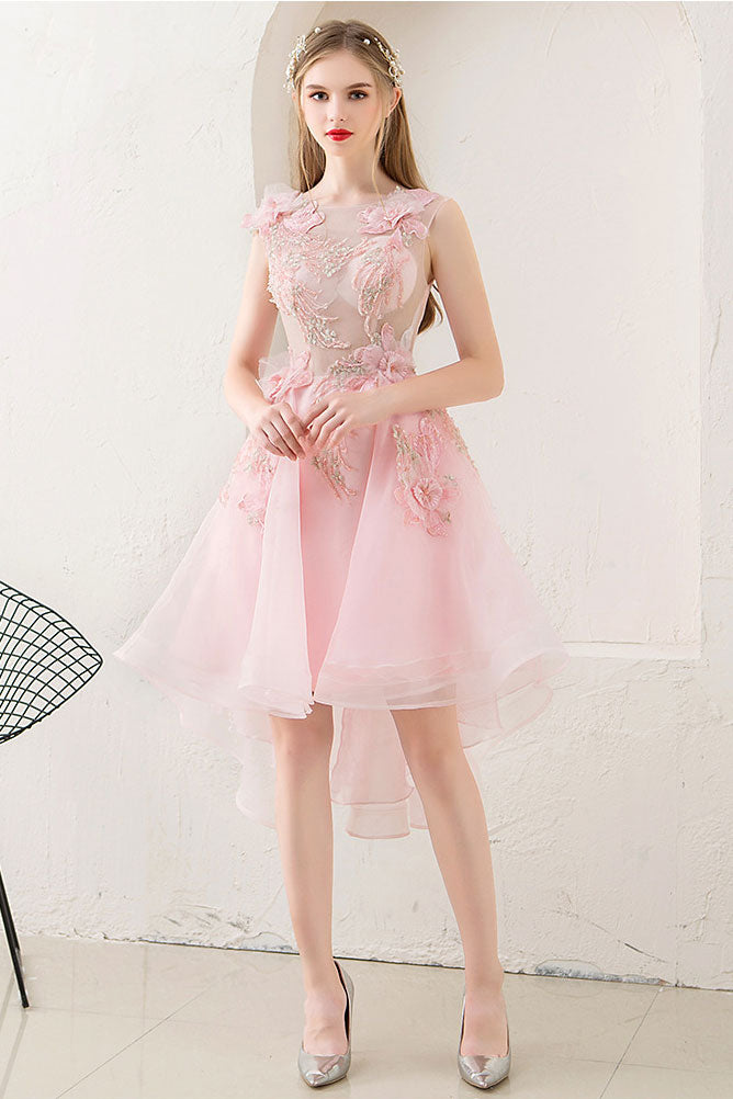 Pink tulle lace short prom dress, pink homecoming dress