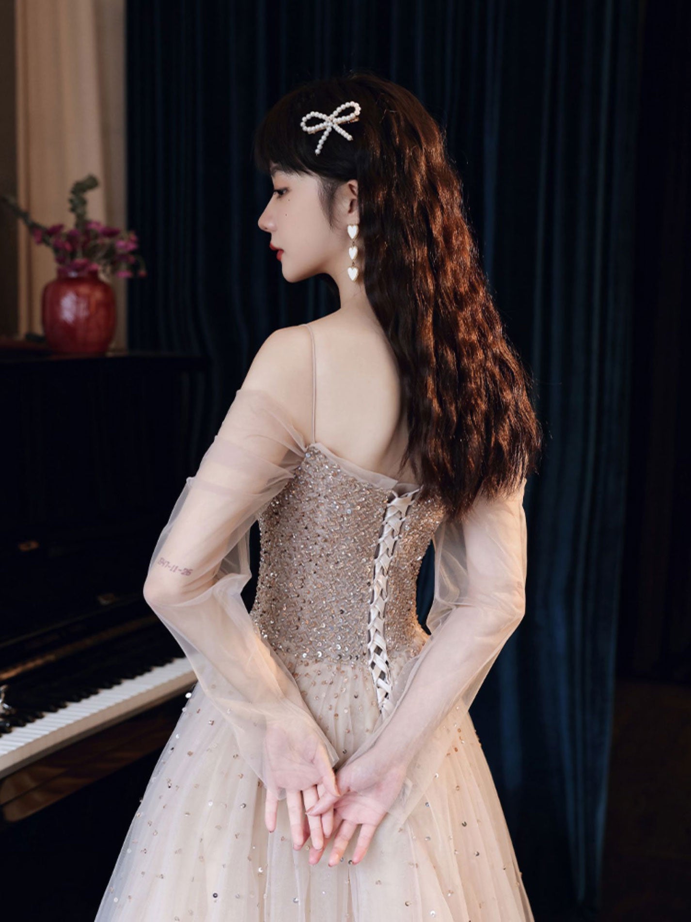 Champagne Tulle Sequin Long Prom Dresses, Champagne Formal Evening Dress