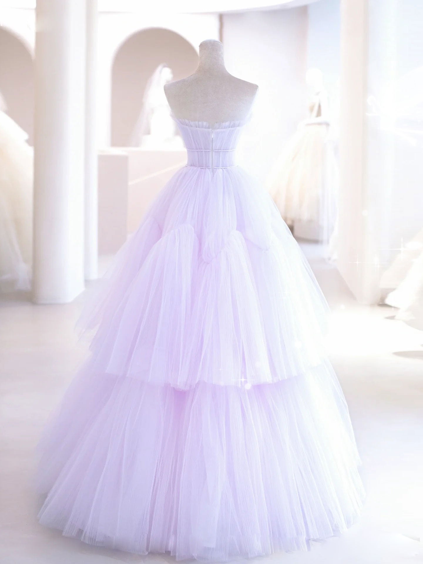 Purple A line tulle long prom dress, purple evening dress
