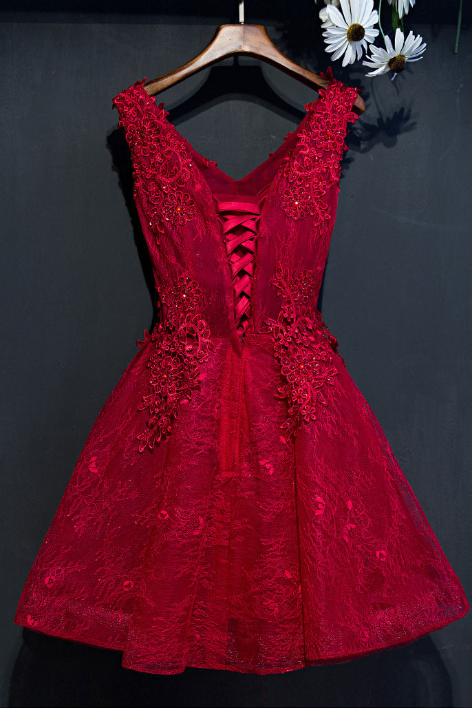 Burgundy v neck lace short prom dress, burgundy homecoming dress
