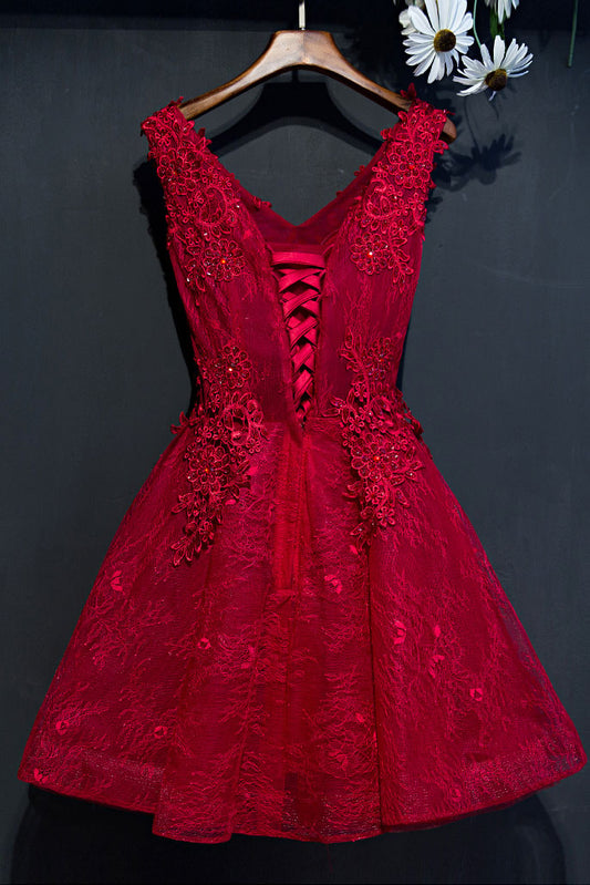 Burgundy v neck lace short prom dress, burgundy homecoming dress