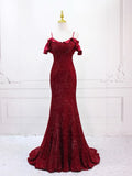Mermaid V Neck Burgundy Long Prom Dress, Burgundy Long Evening Dress