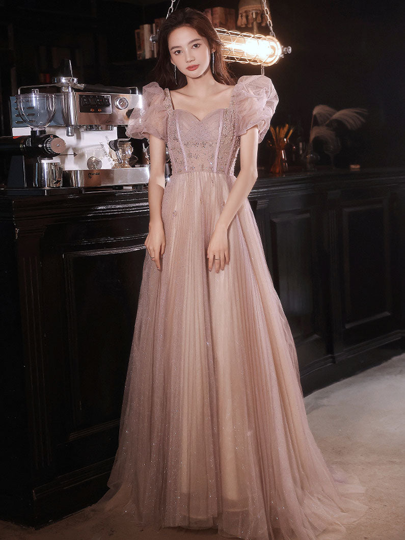 Flesh pink tulle long prom dress, tulle pink evening dress