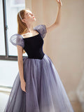 Simple purple tulle long prom dress, purple tulle evening dress