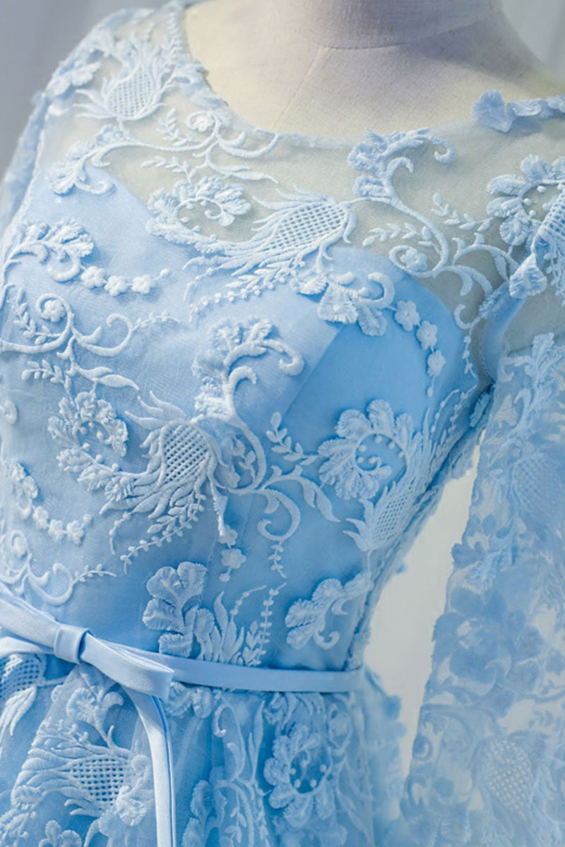 Blue round neck lace short prom dress, blue homecoming dress