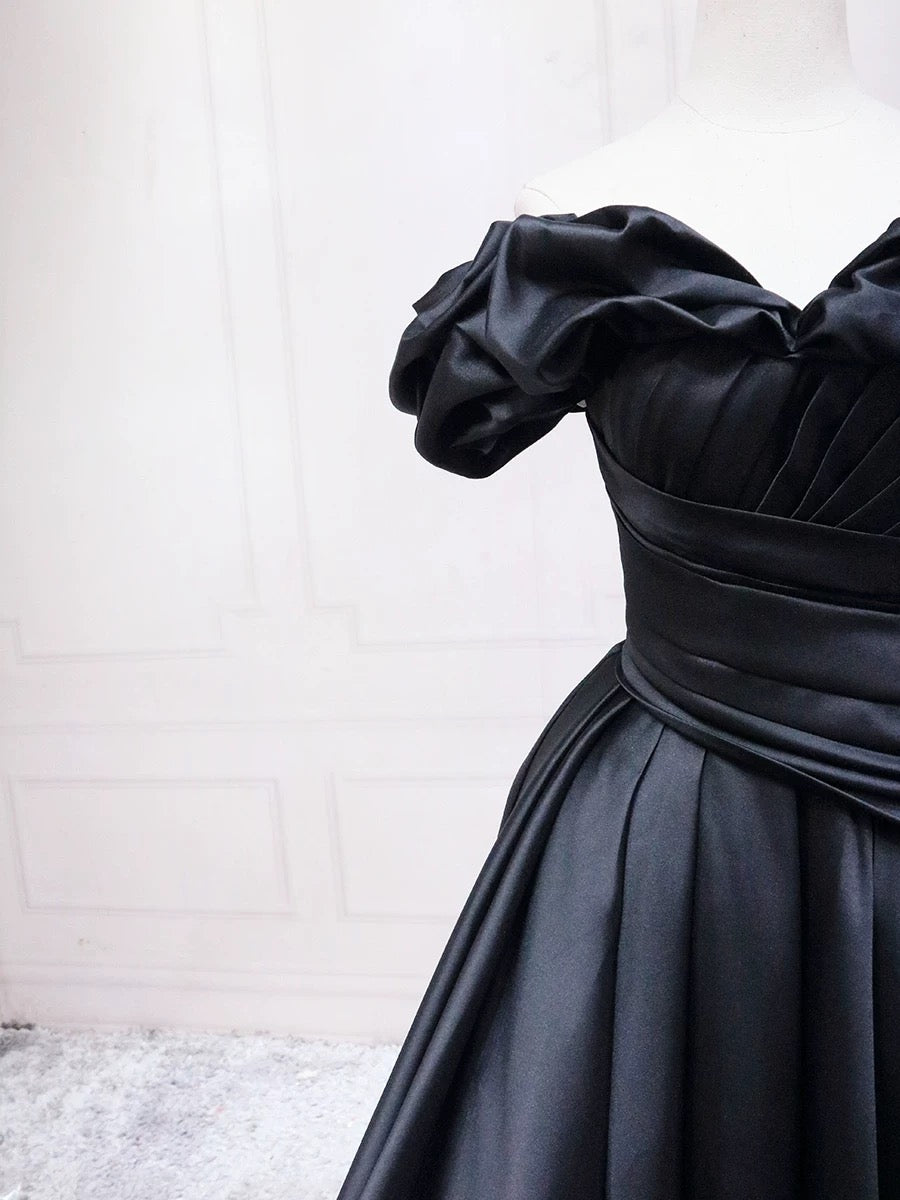 A-Line Sweetheart Neck Off Shoulder Satin Black Long Prom Dress