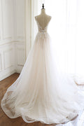 White v neck tulle lace long prom dress, white tulle evening dress