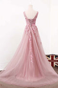 Pink v neck tulle lace long prom dress, pink evening dress