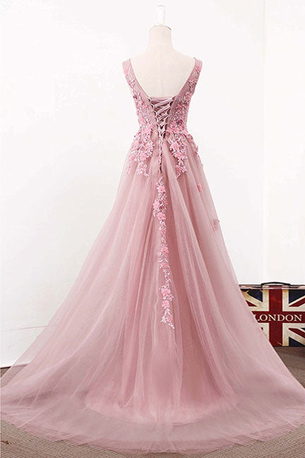 Pink v neck tulle lace long prom dress, pink evening dress