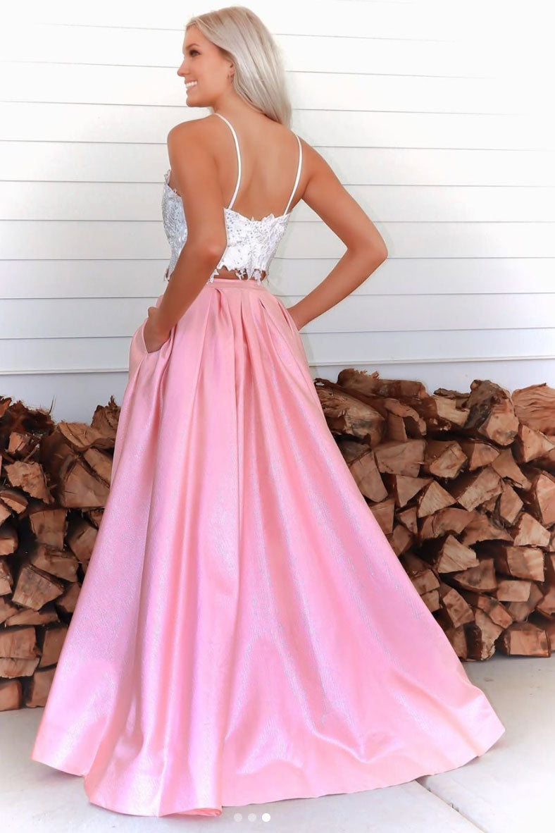 Pink two pieces lace long prom dress pink formal dress