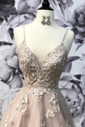 champagne v neck tulle lace long prom dress, champagne evening dress