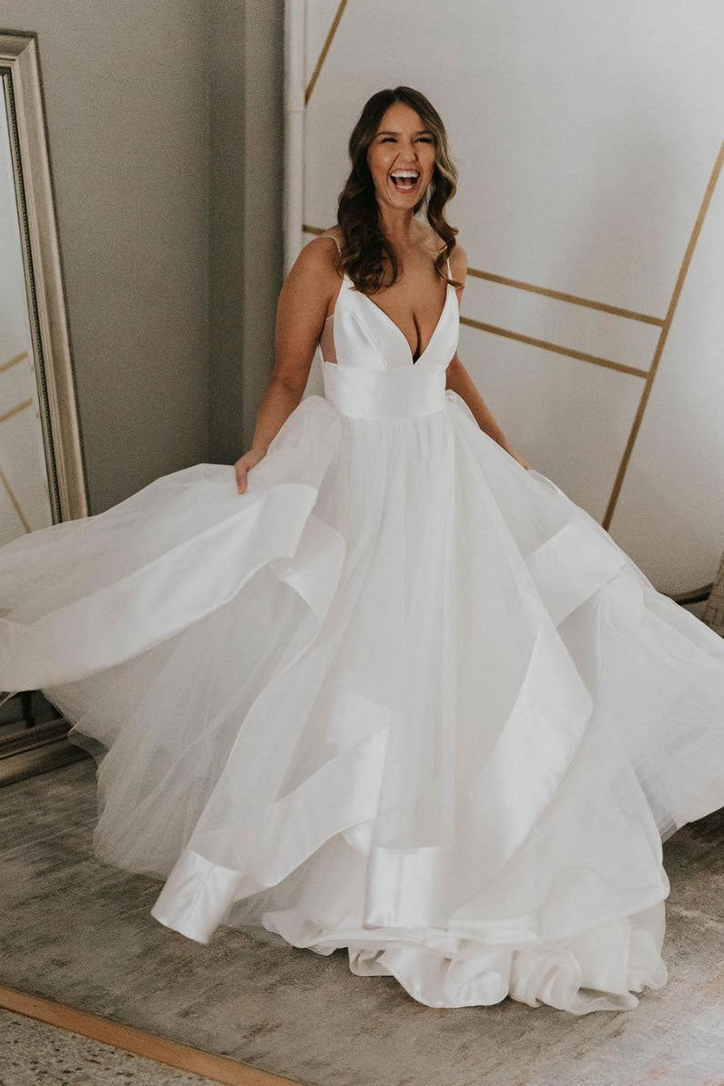 Simple v neck tulle long prom dress, white tulle evening dress