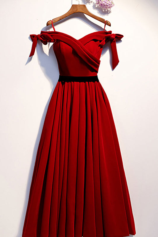 Simple burgundy tea Length prom dress, burgundy evening dress