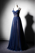 Dark blue tulle long prom dress, dark blue evening dress