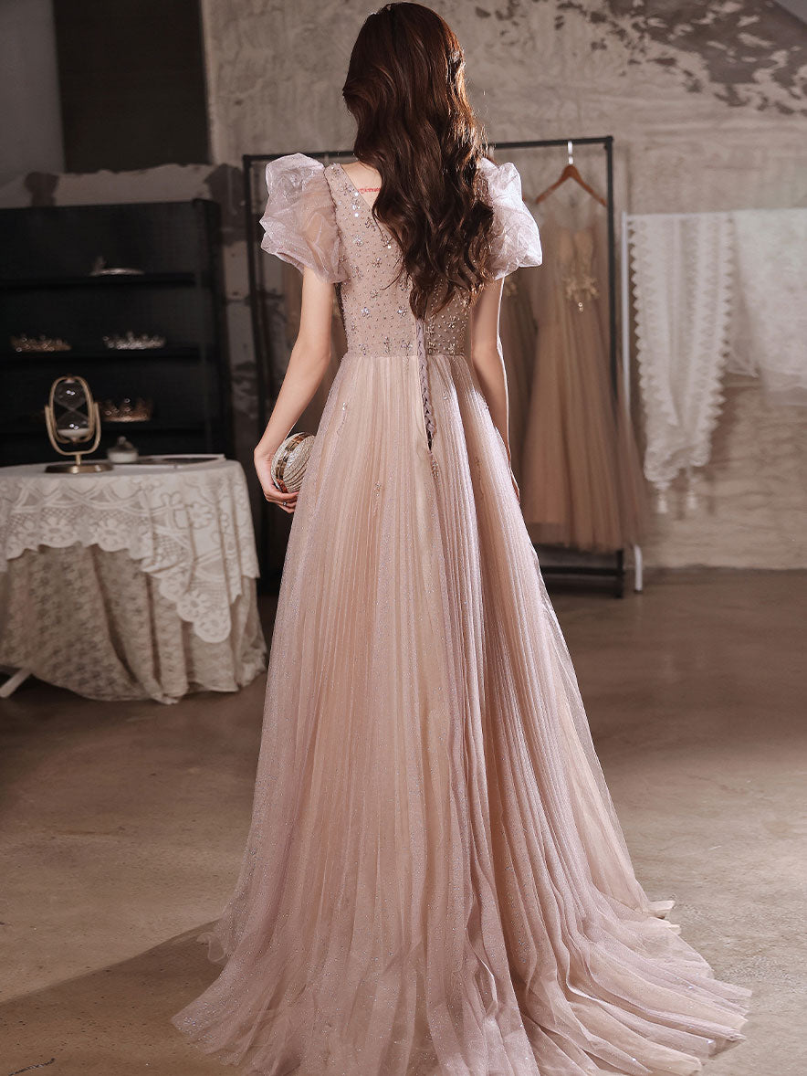 Flesh pink tulle long prom dress, tulle pink evening dress
