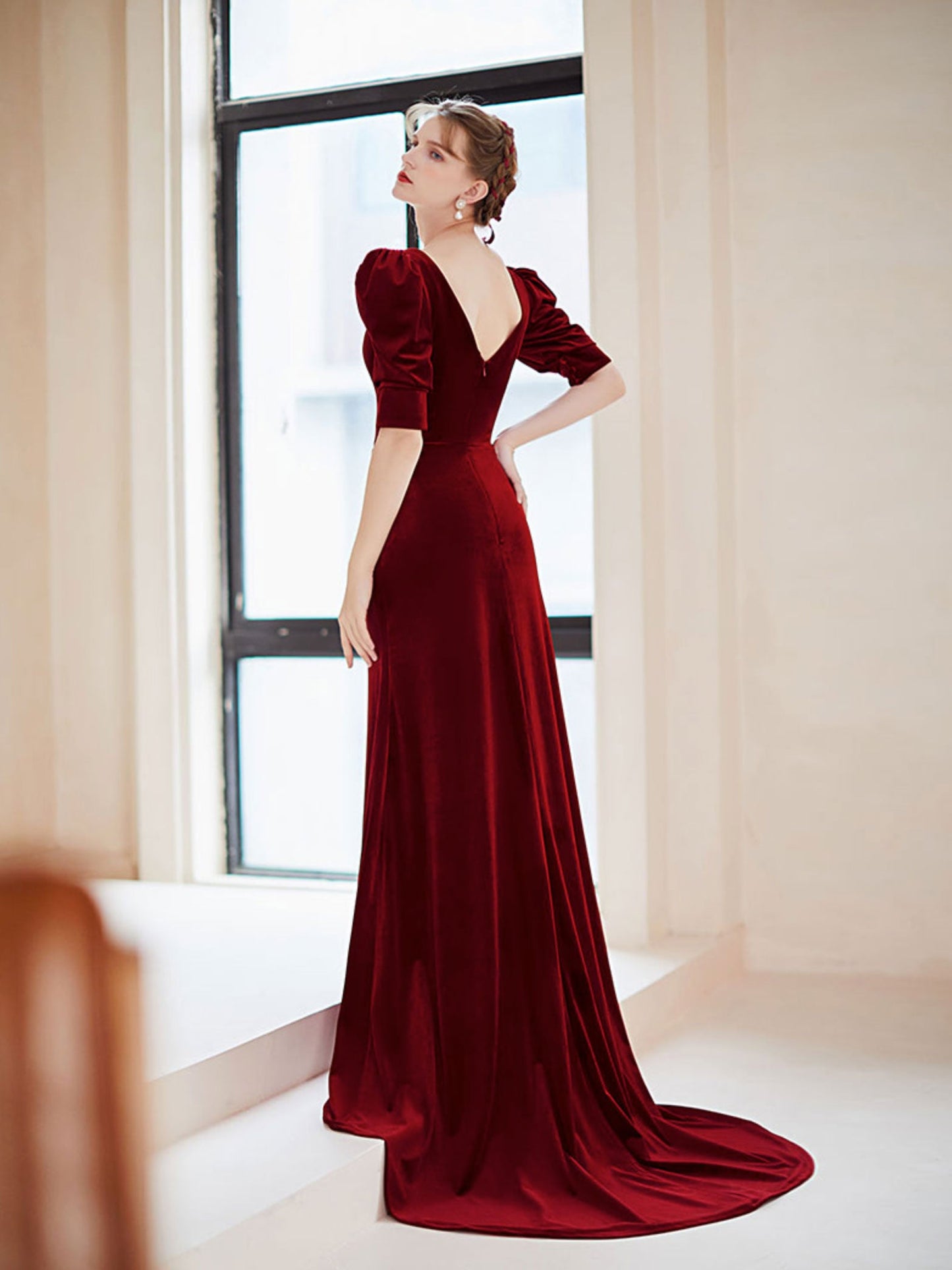 Burgundy V neck Velvet Long Prom Dress, Burgundy Formal Evening Dress