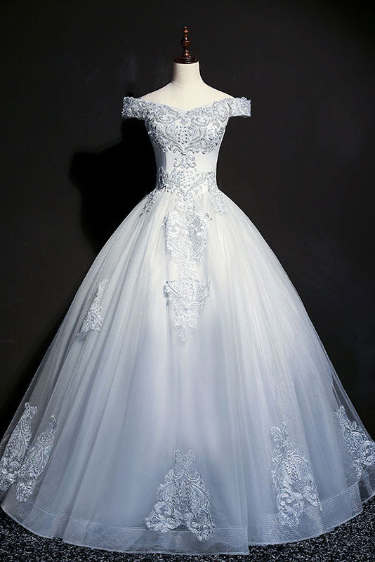 Blue v neck tulle beads long prom dress, blue evening dress