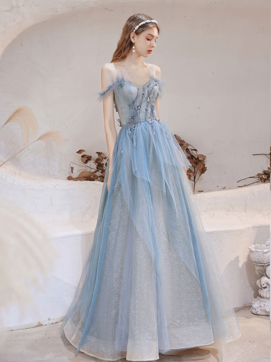 Blue tulle off shoulder long prom dress, blue tulle evening dress