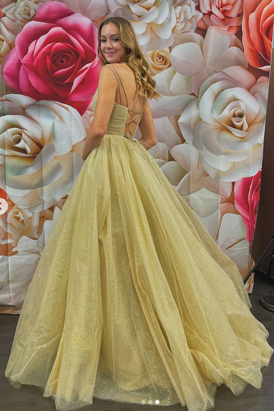 Gold v neck tulle long prom dress tulle formal dress