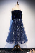 Blue tulle lace short prom dress, blue evening dress