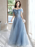 A-Line Off Shoulder Tulle Gray Blue Long Prom Dress, Gray Blue Long Formal Dress
