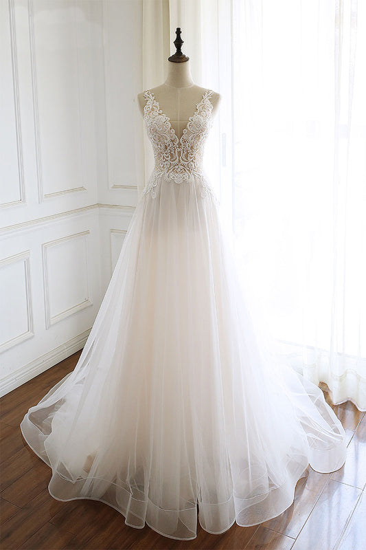 White v neck tulle lace long prom dress, white tulle evening dress
