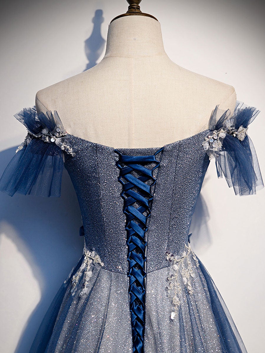 Blue tulle lace sequin long prom dress, blue tulle formal dress