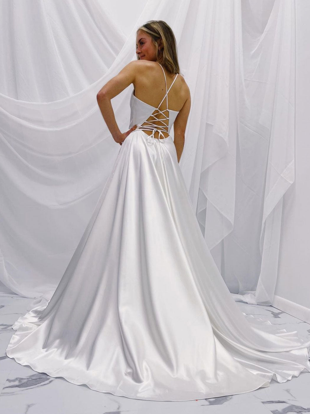 Simple white v neck satin long prom dress, white A line evening dress