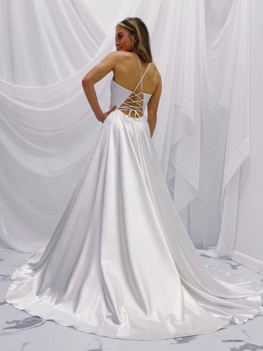 Simple white v neck satin long prom dress, white A line evening dress