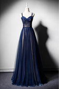 Dark blue tulle long prom dress, dark blue evening dress