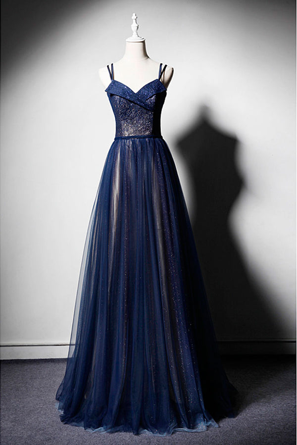 Dark blue tulle long prom dress, dark blue evening dress