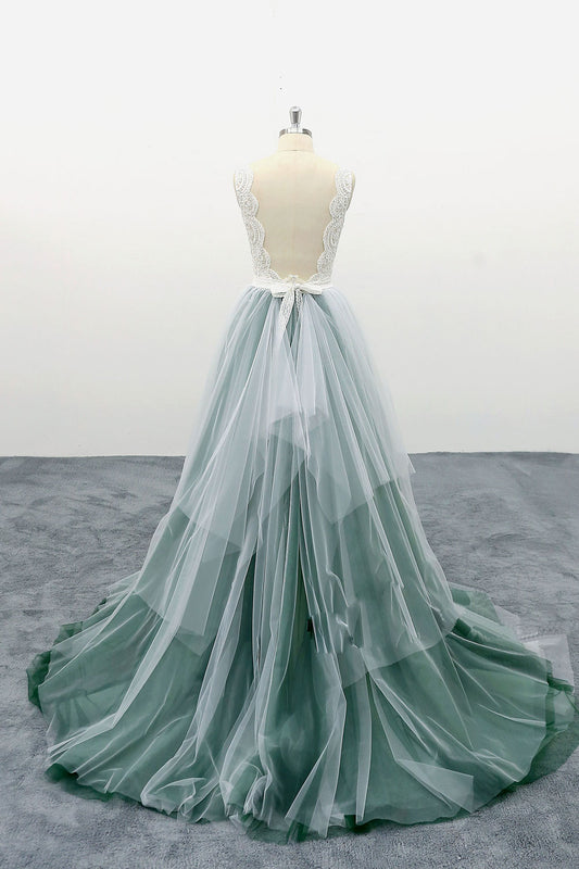Green tulle lace long prom dress, tulle evening dress
