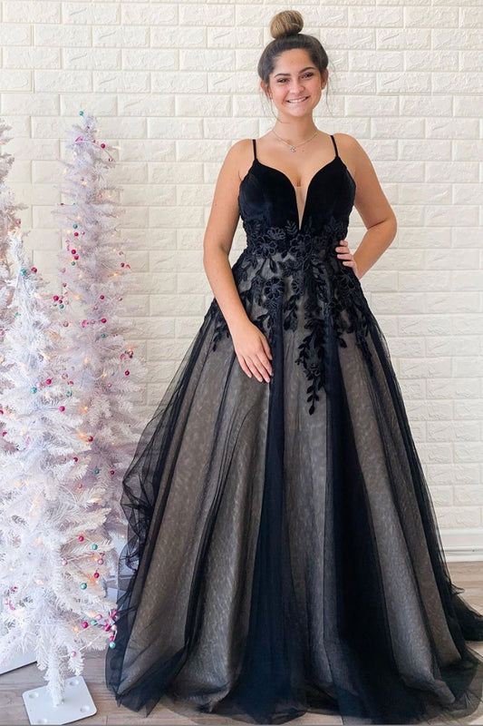 Black v neck tulle lace long prom dress black evening dress