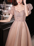 Flesh pink tulle long prom dress, tulle pink evening dress