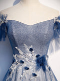 Blue tulle lace sequin long prom dress, blue tulle formal dress