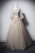 Champagne round neck tulle long prom dress, tulle evening dress