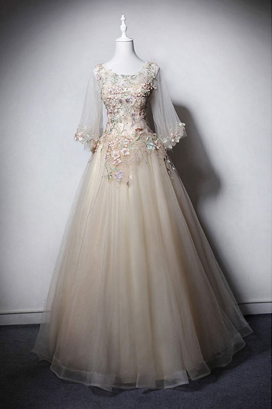 Champagne round neck tulle long prom dress, tulle evening dress