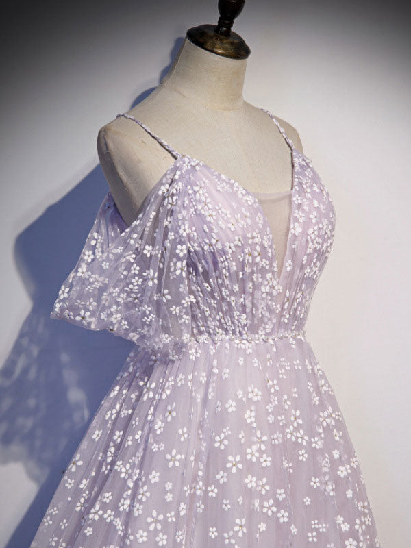 Purple tulle A line long prom dress, purple tulle formal dress