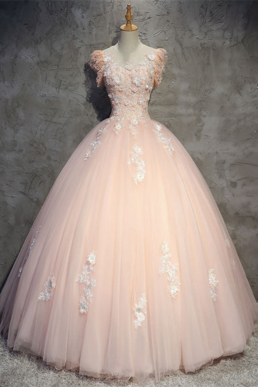 Pink tulle lace long prom dress, pink tulle evening dress