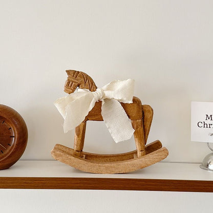 Vintage Wooden Rocking Horse Décor – Rustic Accent Piece with Ribbon