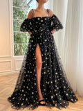 A-Line Black Tulle Long Prom Dress, Black Formal Evening Dresses