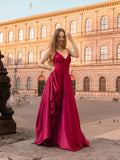 Simple v neck satin dark red long prom dress, red satin bridesmaid dress