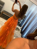 Orange sweetheart neck tulle lace long prom dress, orange formal graduation dress