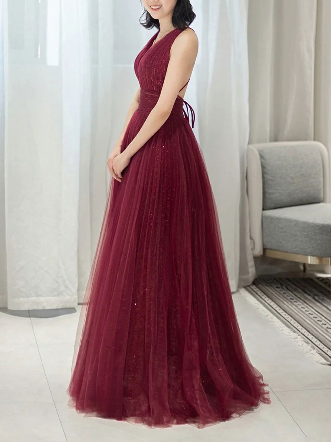 Burgundy Aline v neck tulle sequin long prom dress burgundy evening dress